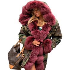 Парка Aofur Long Warm Winter Faux Fur Collar Qulited Women&apos;s, хаки/бордовый