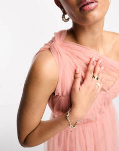 Розовое платье миди из прозрачного тюля на одно плечо с кружевом и бусинами для подружки невесты Lace & Beads