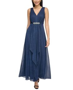 Женское блестящее платье с V-образным вырезом и расшитой бисером талией Jessica Howard, темно-синий