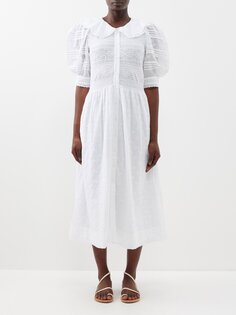 Хлопковое платье-рубашка ольга со сборками и вышивкой Sea, белый
