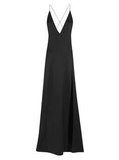 Длинное платье без рукавов из выстиранного атласа Saint Laurent, черный