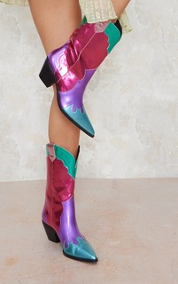 PrettyLittleThing Сапоги в стиле вестерн на блочном каблуке из разноцветной искусственной кожи с ярким металлизированным оттенком