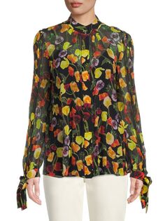 Блузка Шифоновая с Цветочным Принтом Jason Wu Collection из жатой ткани, navy