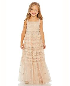 Многоярусное длинное платье без рукавов с цветочной вышивкой для больших девочек MAC DUGGAL