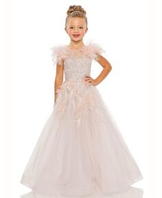 Платье из блестящего тюля с рукавами и перьями для маленьких девочек MAC DUGGAL