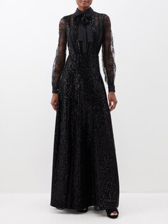 Бархатное платье с бантом и пайетками Elie Saab, черный