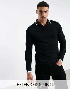 Черная рубашка-поло из пике с длинными рукавами и отделкой ASOS DESIGN