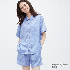 Атласная пижама с короткими рукавами и принтом Uniqlo, синий