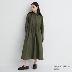 Хлопковое платье-рубашка с длинными рукавами Uniqlo, темно-зеленый