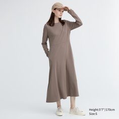 Расклешенное платье вязки Ponte с длинными рукавами Uniqlo, коричневый