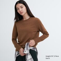 Джемпер из 100% очень тонкой шерсти мериноса с круглым вырезом Uniqlo, коричневый