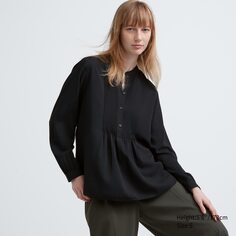 Блузка с длинными рукавами и пуловером из искусственного шелка с защипами Uniqlo, черный