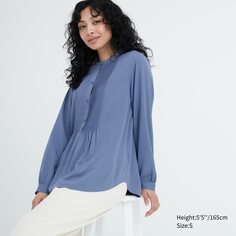 Блузка с длинными рукавами и пуловером из искусственного шелка с защипами Uniqlo, синий