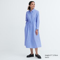 Длинное платье-рубашка из хлопка в полоску с длинными рукавами Uniqlo, синий