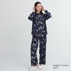 Атласная пижама с длинными рукавами и принтом Uniqlo, темно-синий