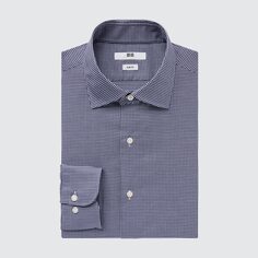 Рубашка в клетку Easy Care Slim Fit (воротник с полувырезом) Uniqlo, темно-синий