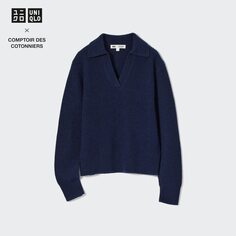 Comptoir des Cotonniers Вязаная рубашка-поло из овечьей шерсти Uniqlo, темно-синий