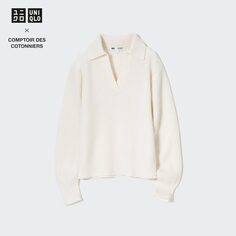 Comptoir des Cotonniers Вязаная рубашка-поло из овечьей шерсти Uniqlo, кремовый