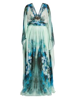 Шелковое платье с V-образным вырезом и цветочным принтом Alberta Ferretti, синий