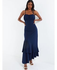 Женское темно-синее платье-макси с асимметричным подолом QUIZ, синий