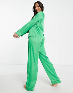 Изумрудно-зеленый атласный пижамный комплект из рубашки и брюк с контрастной окантовкой ASOS DESIGN Tall