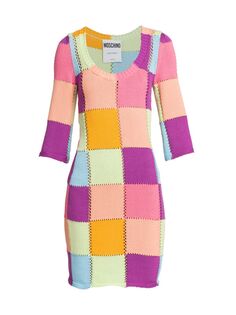 Вязаное мини-платье 60-х годов в стиле пэчворк Moschino, разноцветный