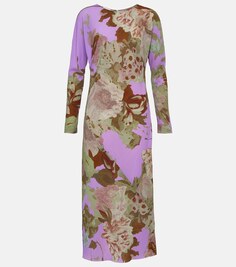 Платье миди из крепа с цветочным принтом DRIES VAN NOTEN, фиолетовый