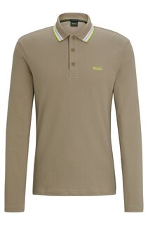 Футболка поло Boss Long-sleeved Cotton-piqué With Contrast Logo, хаки/светло-зеленый