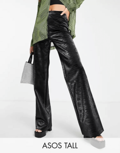 Брюки Asos Design Tall Straight Leg In Iridescent Croc Faux Leather, черный