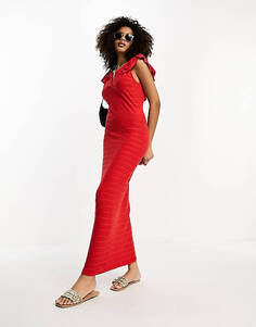 Красное платье миди с оборками на рукавах и вышивкой Vila