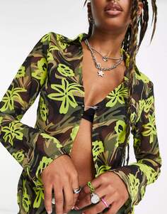 Рубашка Collusion Neon Floral Open Front With Pin Opening, зеленый/коричневый