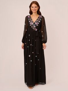 Платье макси с длинными рукавами и бисером Adrianna Papell, черный/мульти