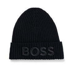 Шапка-бини Boss Logo-embroidered Rib-knit In Virgin Wool, черный