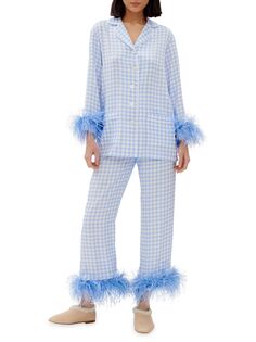 Пижамный комплект в мелкую клетку, украшенный перьями Sleeper, синий