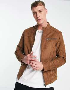 Байкерская куртка Jack &amp; Jones Essentials светло-коричневого цвета из искусственной замши