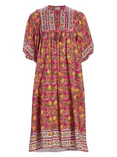 Шафрановое хлопковое платье с пышными рукавами и цветочным принтом MILLE