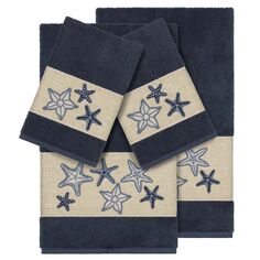 Linum Home Textiles Набор из 4 банных полотенец с украшением Lydia, темно-синий