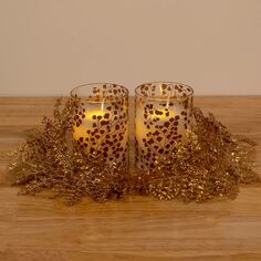 Восковые свечи LumaBase Gold Maidenhair Fern на батарейках в стеклянных держателях с движущимся пламенем, набор из 2 предметов