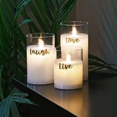 LumaBase Live Laugh Love Стеклянные светодиодные свечи на батарейках с движущимся пламенем, набор из 3 предметов