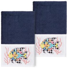 Linum Home Textiles Турецкий хлопок Feliz Набор из 2 украшенных полотенец для рук, темно-синий