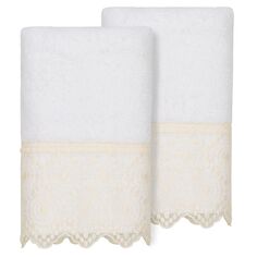 Linum Домашний текстиль Турецкий хлопок Arian Набор из 2 предметов кремовых кружевных полотенец для рук с украшением, белый