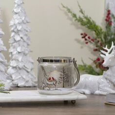 4-дюймовый беспламенный стеклянный рождественский подсвечник из сосны и оленя с ручной росписью Christmas Central