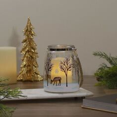 6,25-дюймовый беспламенный стеклянный фонарь со свечой Trees and Fawns Christmas Central