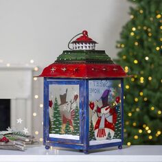 Рождественский фонарь со свечой «Снеговик», красный, зеленый и синий, 15 дюймов Christmas Central