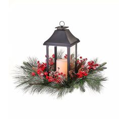 21-дюймовый предварительно освещенный красно-зеленый и коричневый матовый фонарь со светодиодной рождественской свечой из ягодной сосны Contemporary Home Living