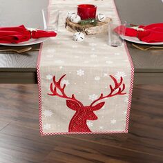 72-дюймовая дорожка для рождественского стола с вышивкой красного оленя и снежинок Contemporary Home Living