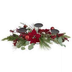 Тройной подсвечник 32 дюйма с рождественским декором из красных ягод и пуансеттии Christmas Central