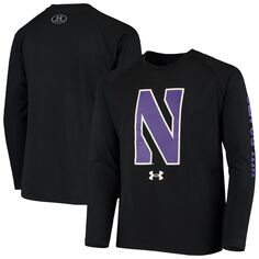 Черная футболка Youth Under Armour Northwestern Wildcats 2-Hit Raglan Performance с длинными рукавами Under Armour