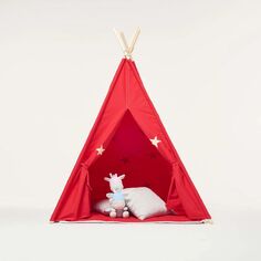 Игровая палатка-вигвам из хлопкового полотна с мягким ковром красного цвета и флуоресцентными звездами RocketBaby