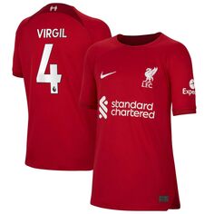 Молодежная футболка Nike Virgil Van Dijk Red Liverpool 2022/23, домашняя реплика игрока Nike